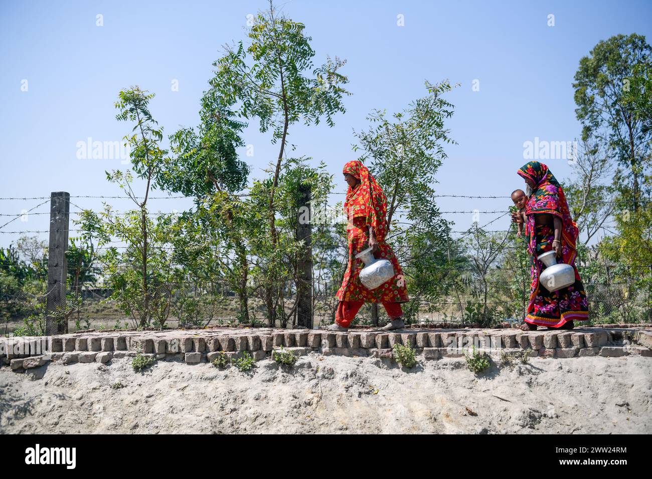 Die Leute gehen zu einem Teich, um Trinkwasser in Shyamnagar Gabura im Bezirk Satkhira zu sammeln. In der Gabura Union im Distrikt Shatkhira im Süden von Bangladesch stehen die Einwohner vor einer durch den Klimawandel verschärften katastrophalen Trinkwasserkrise. Menschen, einschließlich Frauen und Kinder, müssen täglich lange Wege zurücklegen, um Zugang zu sicheren Wasserquellen zu erhalten, was die gesundheitlichen Risiken durch durch durch Wasser übertragene Krankheiten erhöht. Daten auf der Ebene der Küstenbezirke zeigen, dass sich erhebliche Prozentsätze mit Wasserknappheit auseinandersetzen, wobei Umweltschützer die Situation als gravierender andeuten. Sinkende unterirdische Wasserstände werden sogar tief Stockfoto