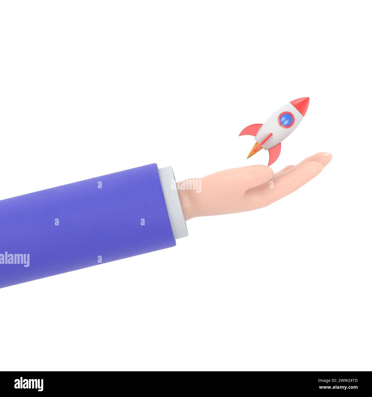 Cartoon Gesture Icon Mockup.Cartoon 3D Hand hält eine Bitcoin Kryptowährungsrakete, die abhebt.3D Rendering auf weißem Hintergrund. Stockfoto