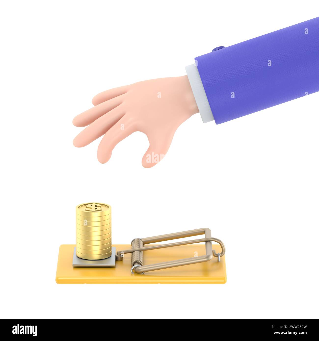 Zeichentrickgeste Icon Mockup.Geschäftsmann Hand Versuchen Sie Geld aus der Mausplatte, 3D-Rendering auf weißem Hintergrund. Stockfoto