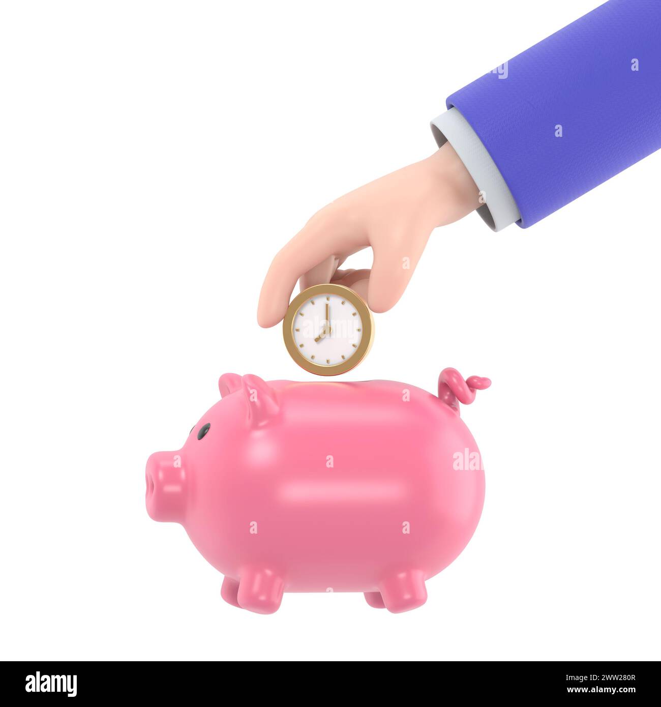 Cartoon Gesture Symbol Mockup.Time Saving in Piggy Bank.3D Rendering auf weißem Hintergrund. Stockfoto