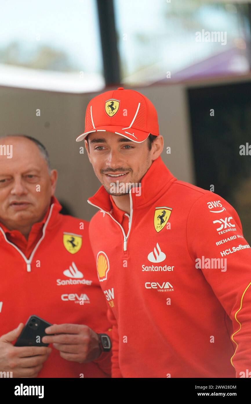 Melbourne, Australien. März 2024. 21. März 2024, Albert Park Circuit, Melbourne, FORMEL 1 ROLEX AUSTRALIAN GRAND PRIX 2024, im Bild Charles Leclerc (MCO), Scuderia Ferrari, Teamchef Frederic Vasseur (Scuderia Ferrari) Credit: dpa/Alamy Live News Stockfoto