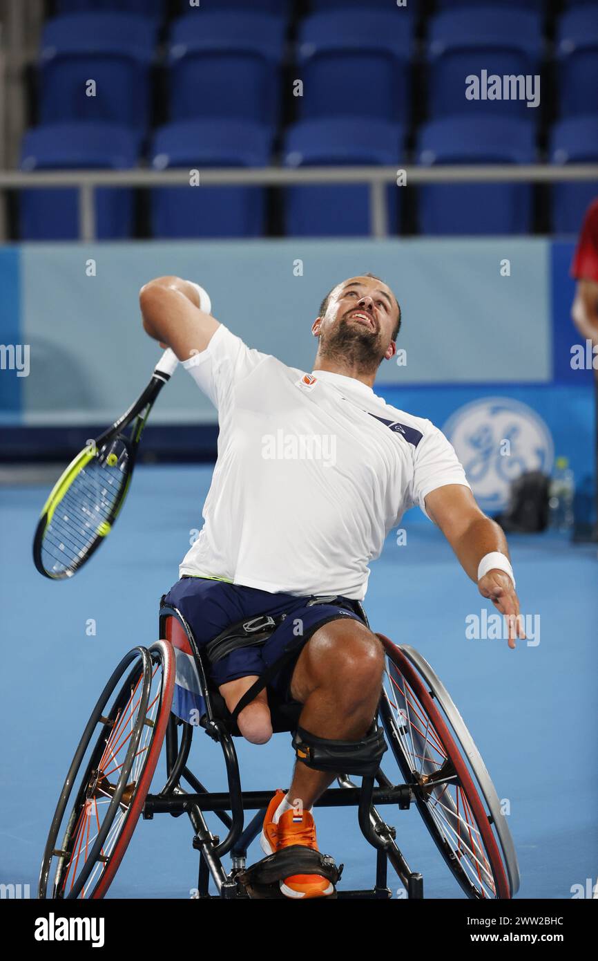 Tokio, Japan. September 2020. Tom Egberink aus den Niederlanden gewann bei den Paralympics 2020 in Tokio die Silbermedaille im Rollstuhl-Tennis-Einzelfinale der Männer, besiegte Shingo Kunieda (nicht im Bild). Shingo Kunieda gewann 6-1 6-2 gegen Tom Egberink (Foto: James Matsumoto/SOPA Images/SIPA USA) Credit: SIPA USA/Alamy Live News Stockfoto