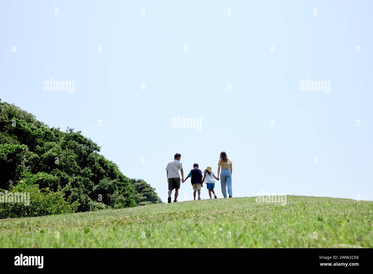 Eine Familie, die auf einem grasbewachsenen Hügel läuft Stockfoto