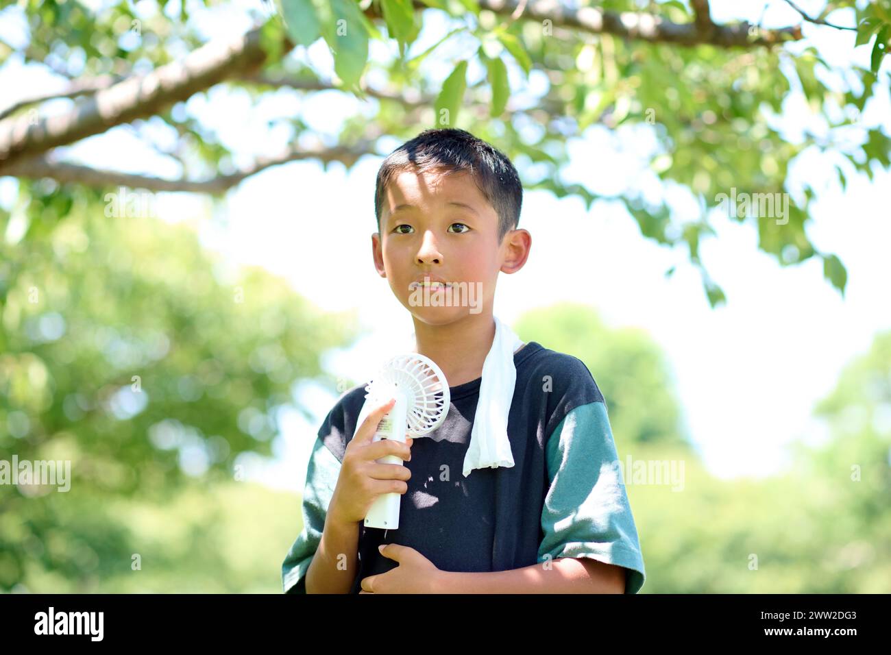 Ein kleiner Junge, der einen Ventilator in der Hand hält Stockfoto