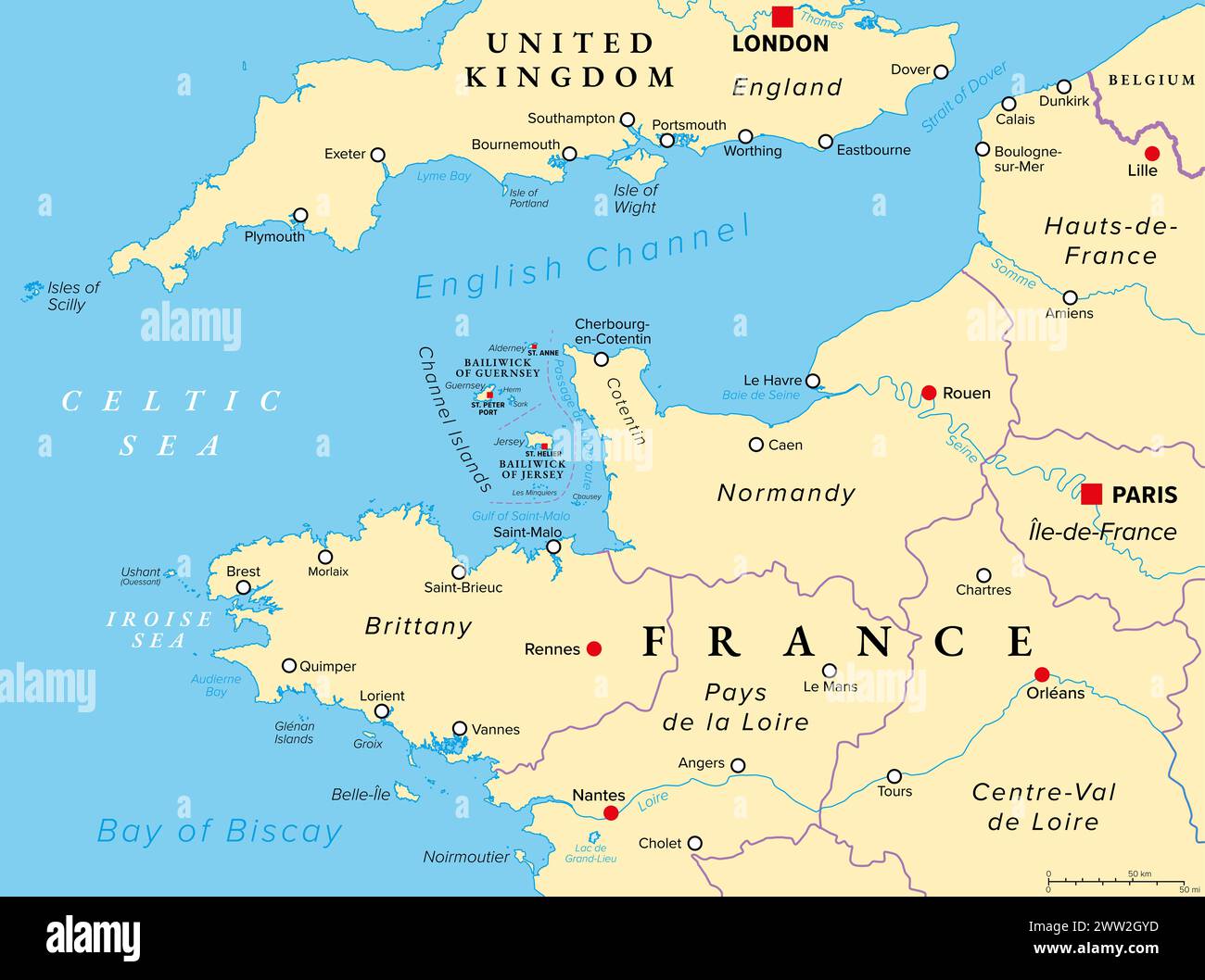 Nordfrankreich, politische Karte. Küste Frankreichs und Großbritanniens entlang des Ärmelkanals und entlang der Biskaya mit den Kanalinseln. Stockfoto