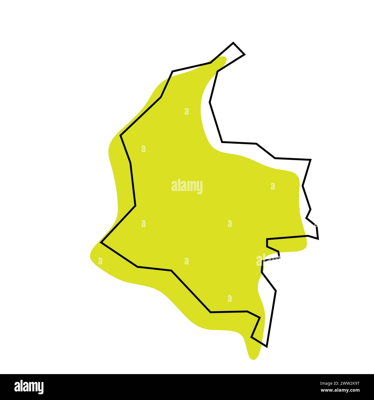 Vereinfachte Landkarte Kolumbien. Grüne Silhouette mit dünner schwarzer Kontur isoliert auf weißem Hintergrund. Einfaches Vektorsymbol Stock Vektor