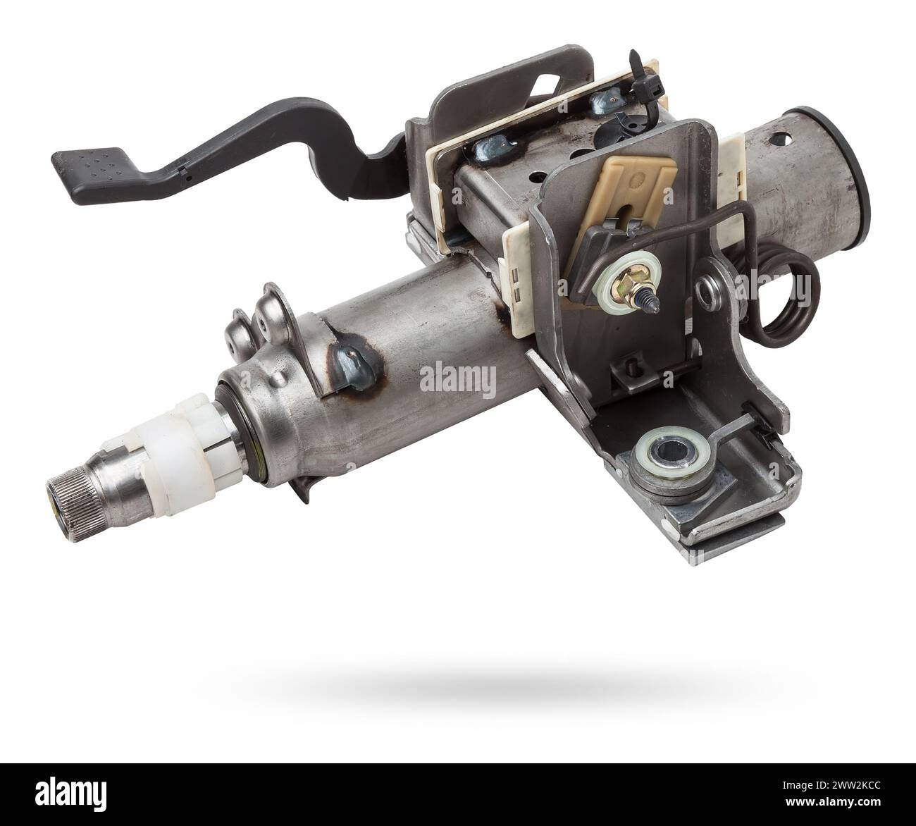 Lenksäule des Fahrzeugs – ein Steuerungssystem für das Fahrzeug, das das Drehmoment vom Rad zum Gang überträgt. Inklusive Zündschalter, Richtung Indica Stockfoto