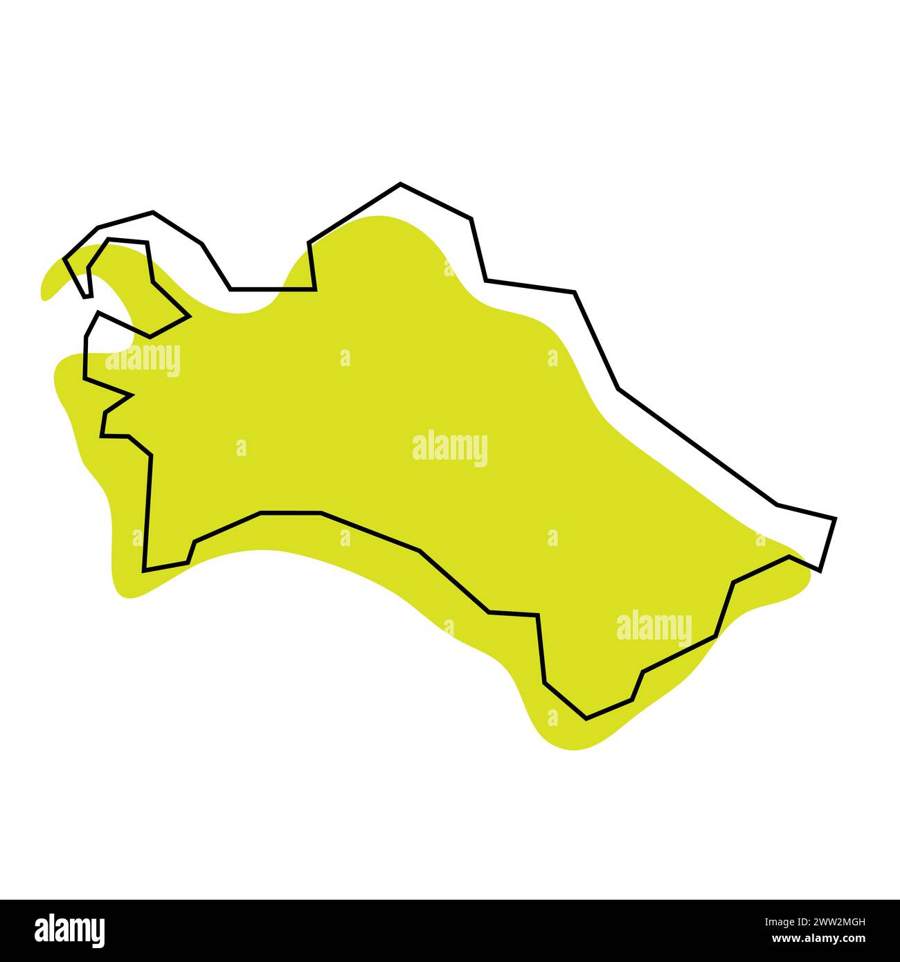 Vereinfachte Karte für Turkmenistan. Grüne Silhouette mit dünner schwarzer Kontur isoliert auf weißem Hintergrund. Einfaches Vektorsymbol Stock Vektor
