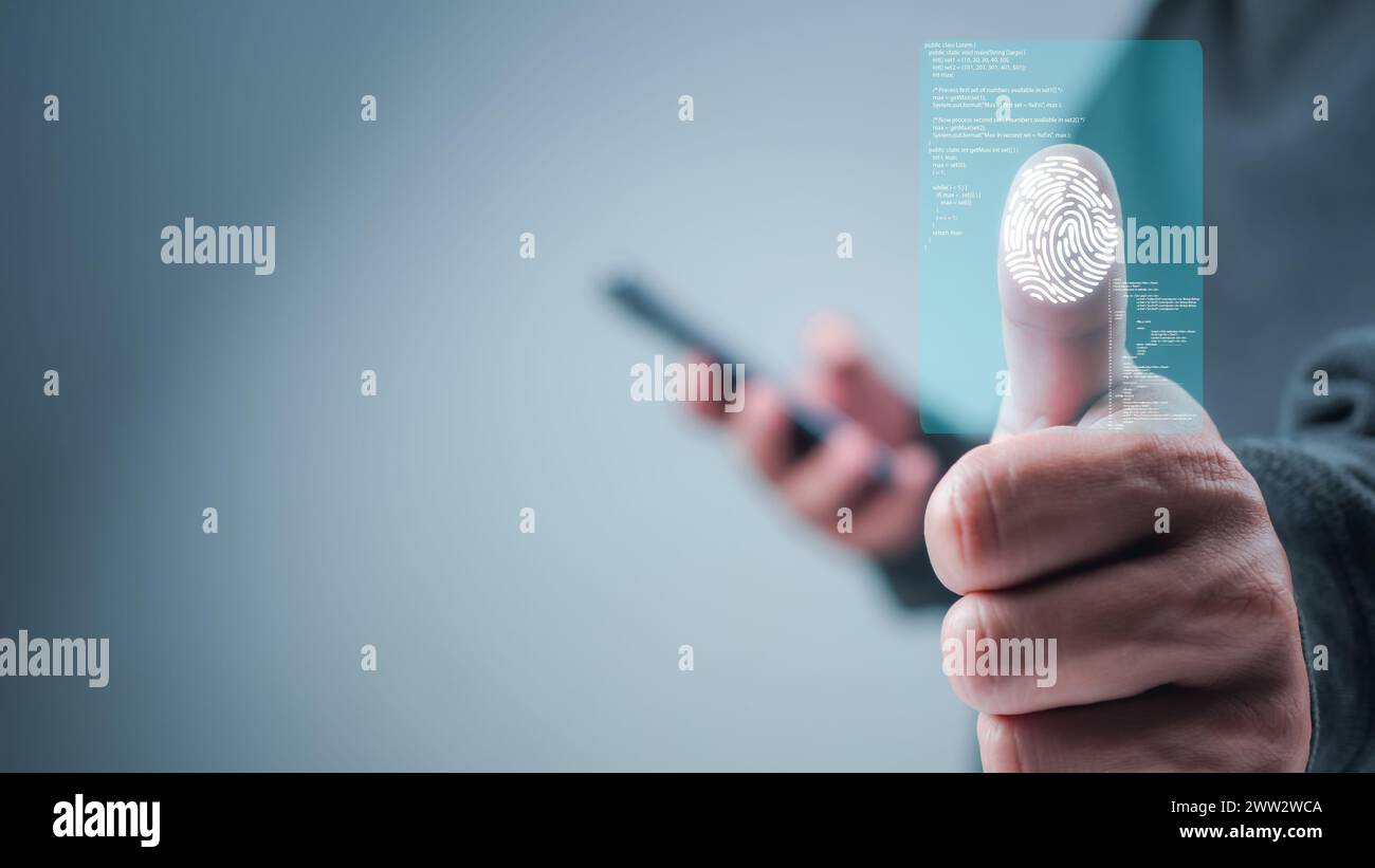 Geschäftsmann scannen Fingerabdruck, biometrische Identität und Genehmigung. Sicherer Zugriff durch gültigen Fingerabdruck-Scan, Business Technology Safety Internet Net Stockfoto