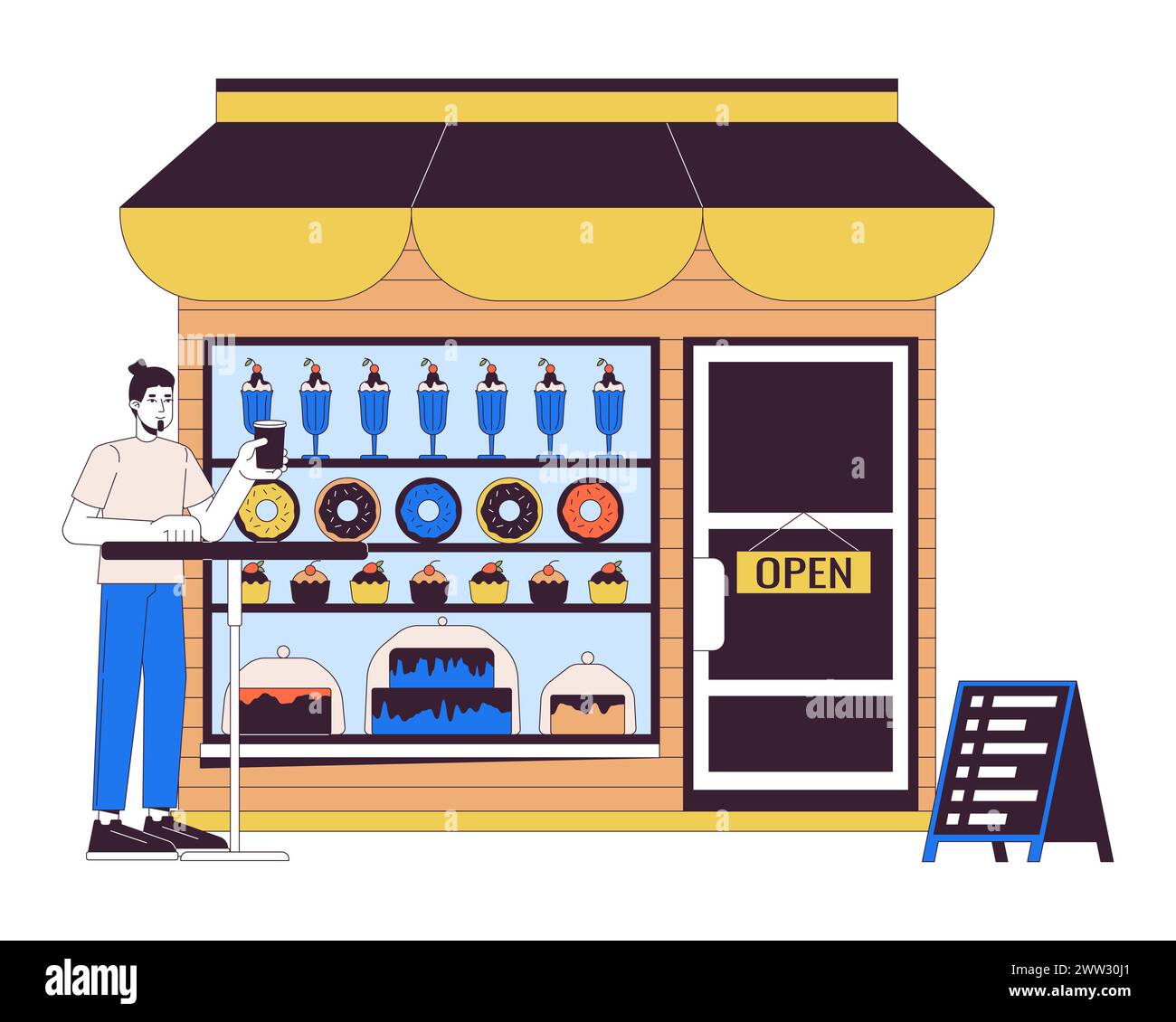 Mann trinkt Kaffee im Süßwarengeschäft 2D lineare Zeichentrickfigur Stock Vektor