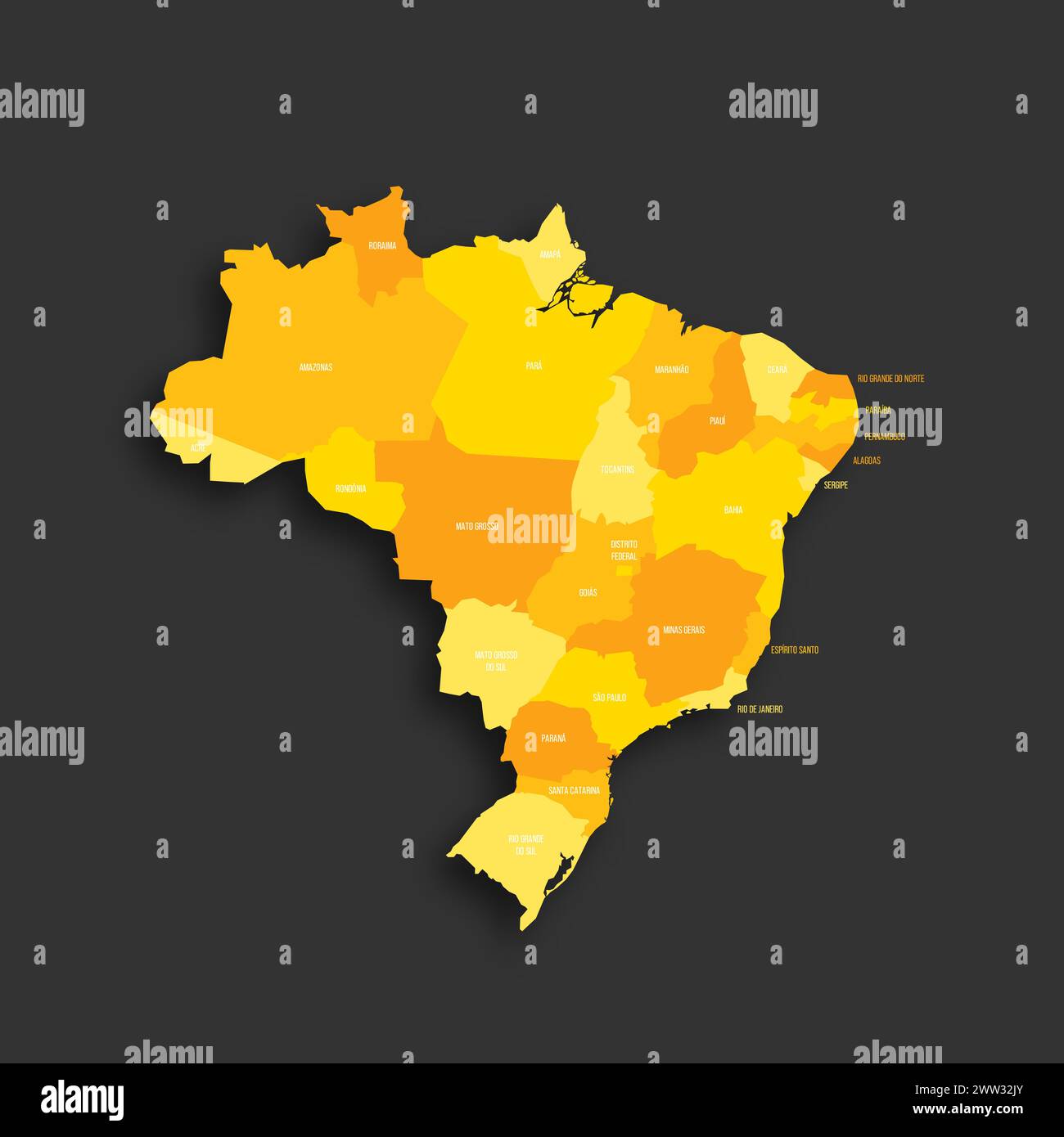 Brasilien politische Karte der Verwaltungsbereiche - Föderative Einheiten Brasiliens. Flache Vektorkarte mit gelbem Schatten mit Namensbeschriftungen und fallendem Schatten isoliert auf dunkelgrauem Hintergrund. Stock Vektor