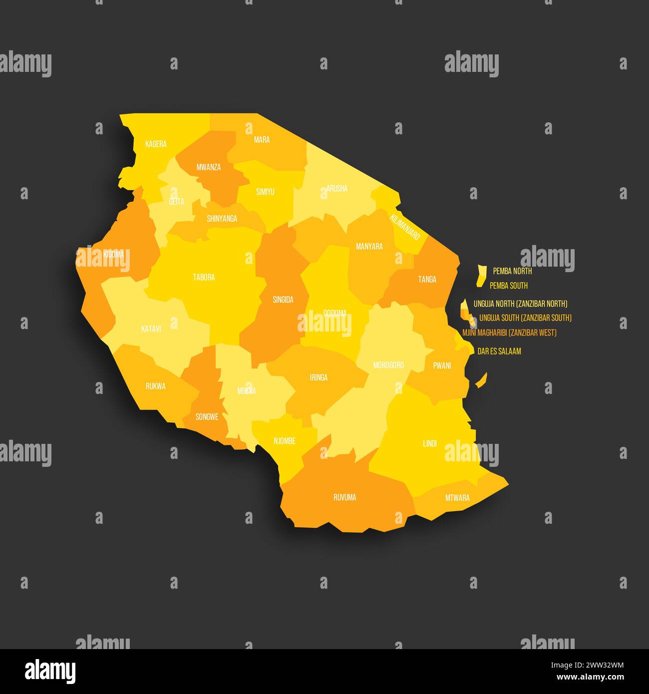 Tansania politische Karte der Verwaltungsbereiche - Regionen. Flache Vektorkarte mit gelbem Schatten mit Namensbeschriftungen und fallendem Schatten isoliert auf dunkelgrauem Hintergrund. Stock Vektor