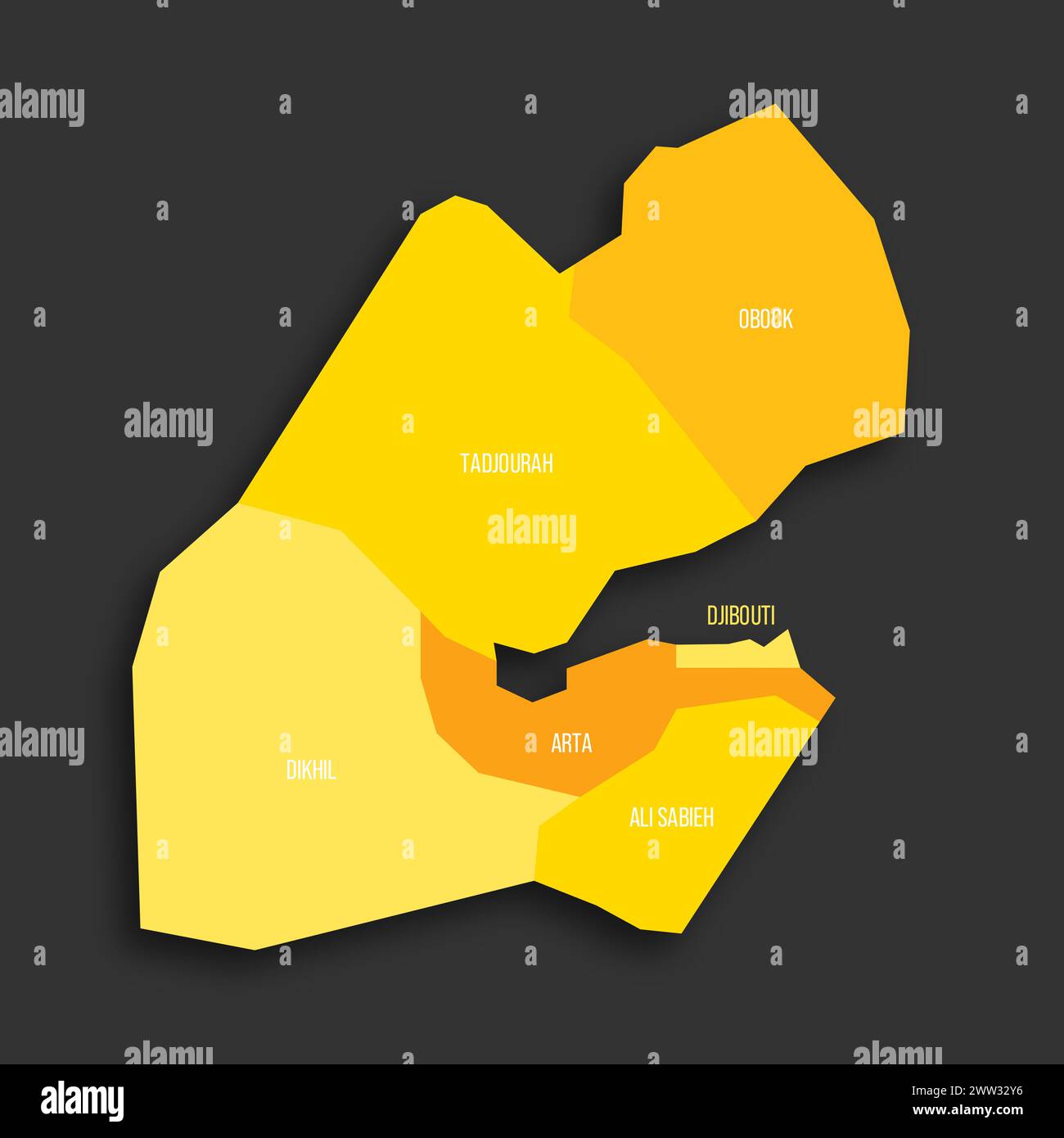 Dschibuti politische Karte der Verwaltungsbereiche - Regionen. Flache Vektorkarte mit gelbem Schatten mit Namensbeschriftungen und fallendem Schatten isoliert auf dunkelgrauem Hintergrund. Stock Vektor