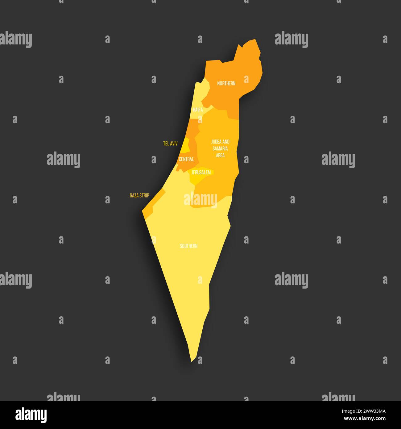 Israelische politische Karte der Verwaltungseinheiten - Bezirke, Gazastreifen und Judäa und Samaria. Flache Vektorkarte mit gelbem Schatten mit Namensbeschriftungen und fallendem Schatten isoliert auf dunkelgrauem Hintergrund. Stock Vektor