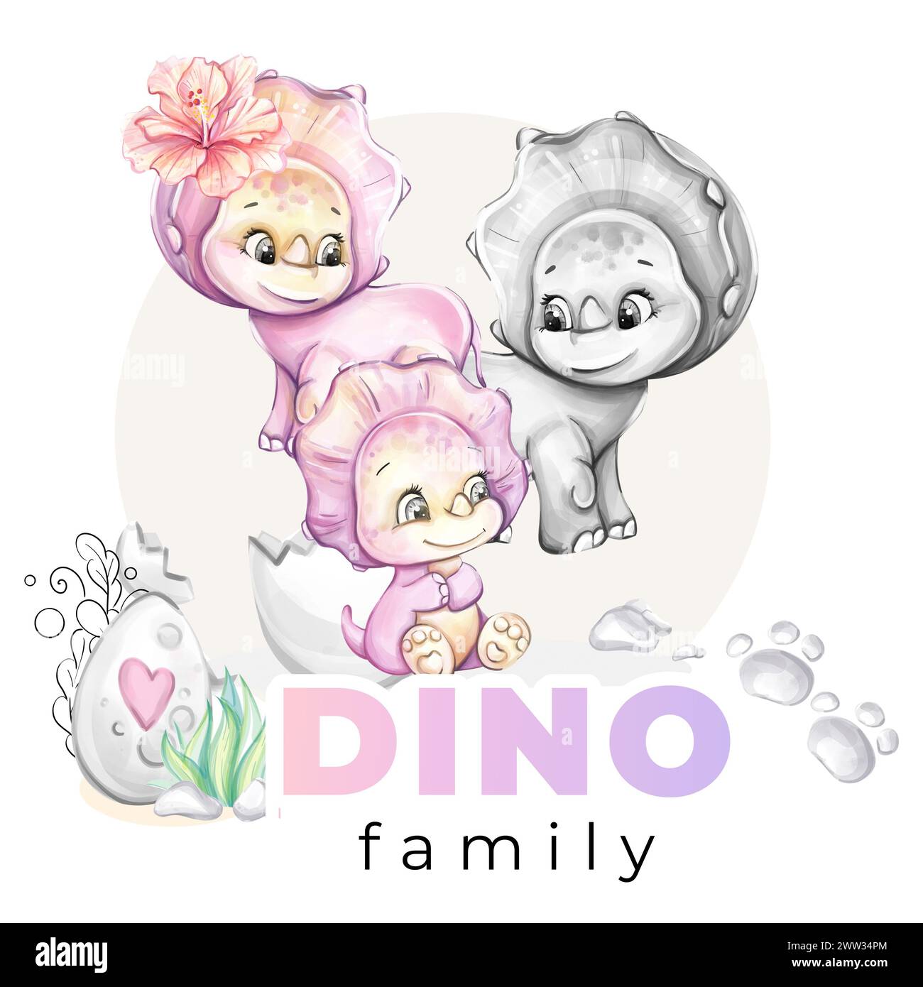 Aquarell-Baby-Dinosaurier. Mom und Dad mit Neewborn. Dino Family Clipart für Babydusche, Kinderzimmer, Einrichtung, Aufkleber, Drucke mit historischen Tieren Stockfoto
