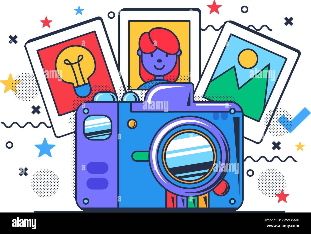 Moderne Kamera und helle Fotografien auf Fotopapier. Fotostudio-Konzept. Horizontales Banner für professionelles Familienalbum. Cartoon Outli Stock Vektor