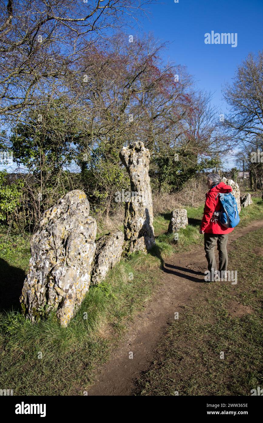 Rollright Stones prähistorischer Steinkreis an der Grenze zwischen Oxfordshire und Warwickshire, England, Großbritannien Stockfoto