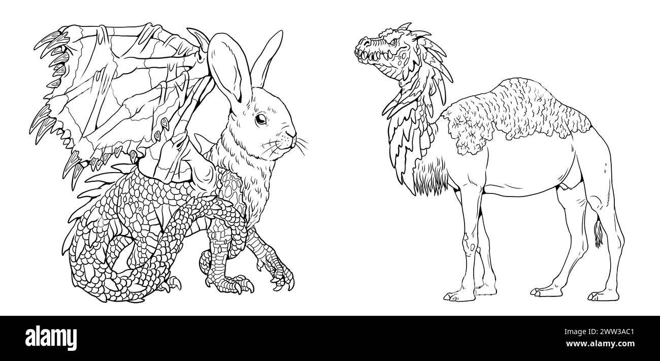 Ausmalseite mit den Tiermutanten. Malbuch mit Fantasy-Kreaturen. Stockfoto