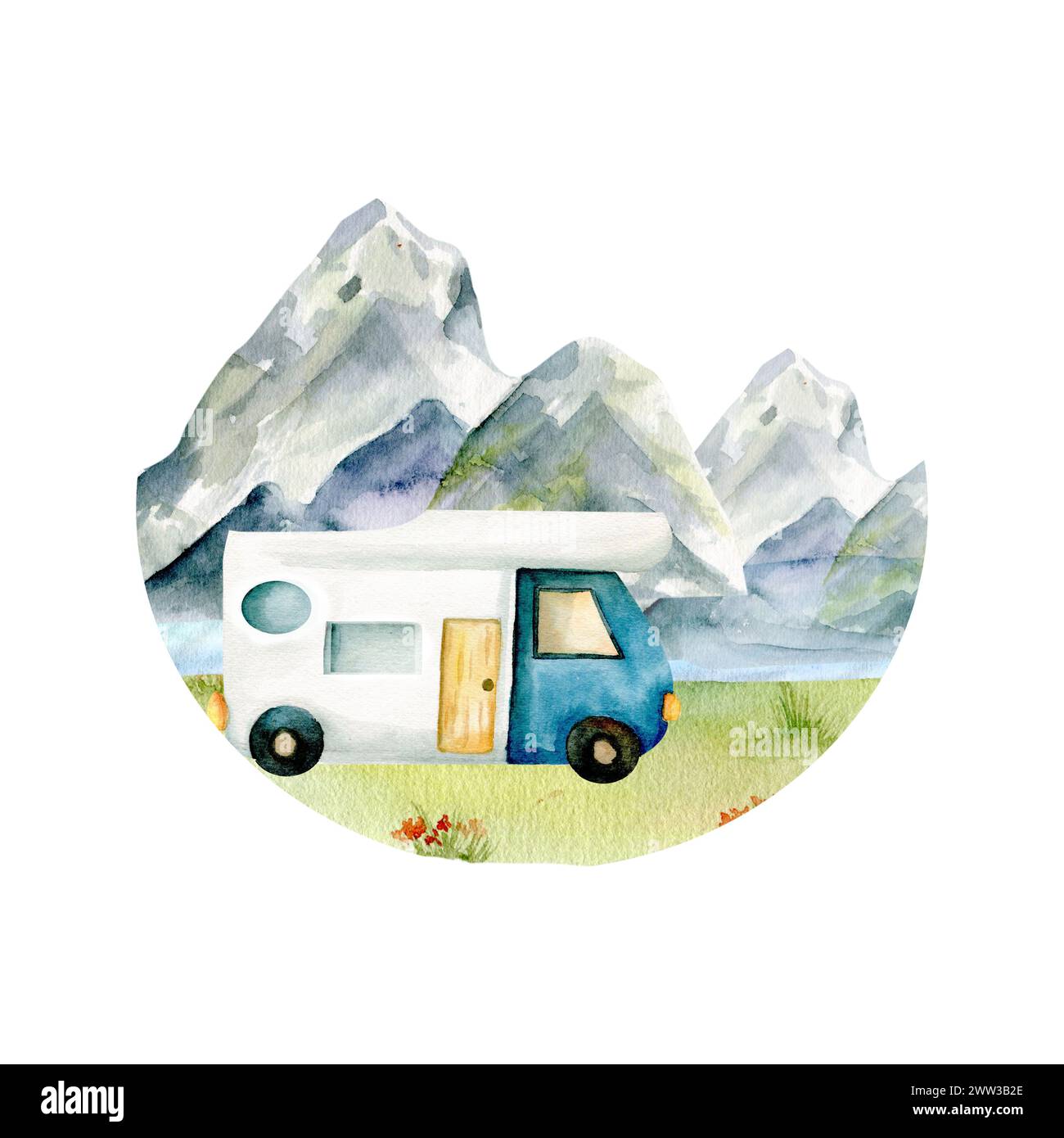 Reiseetikett in Aquarellfarbe Nord. Fjord Berglandschaft mit fahrendem Auto in der Nähe des Meeres. Etikett für Reisebüro, Reisedesign. Stockfoto