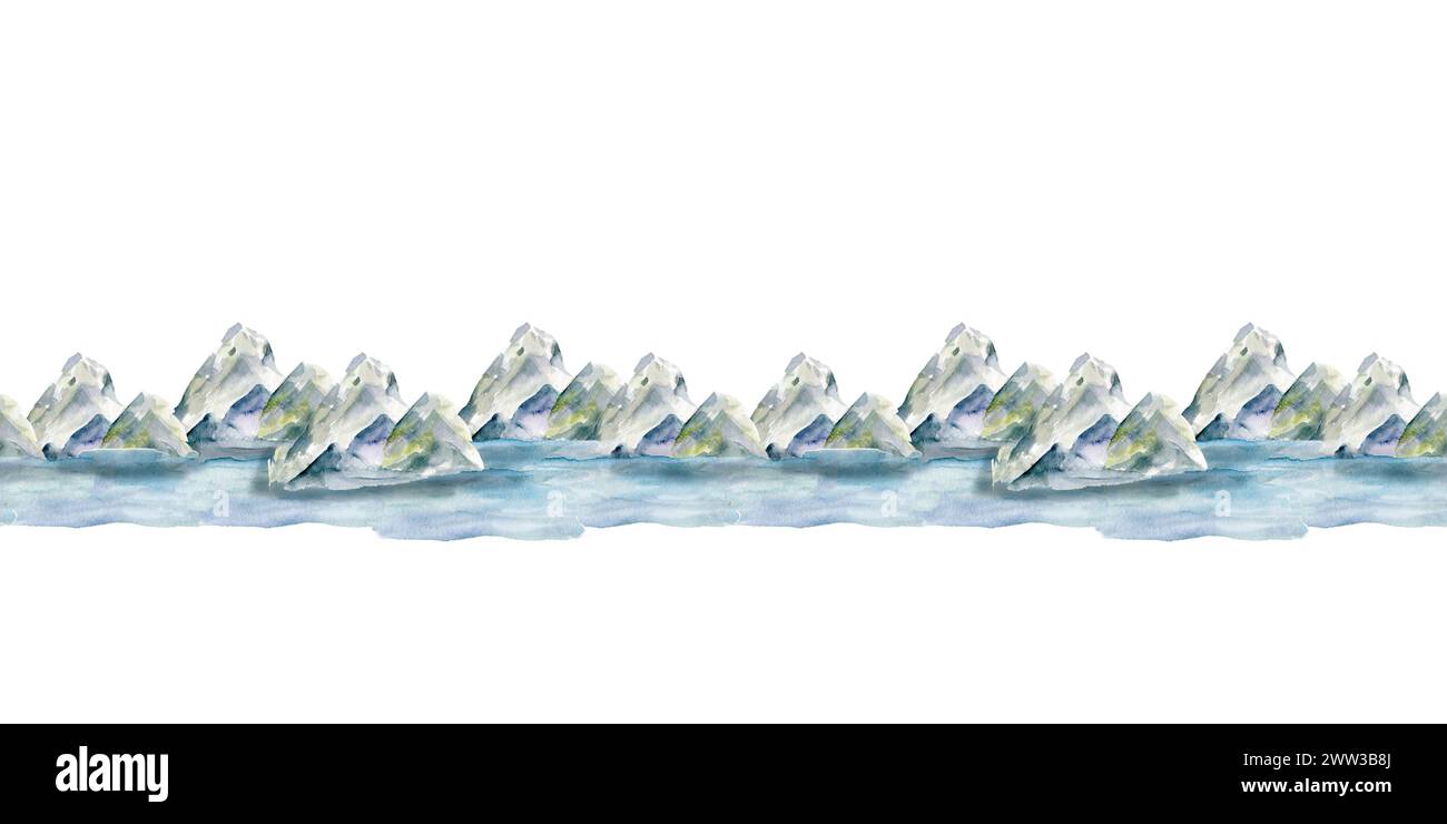 Nahtloses Banner in den Vorstädten in Wasserfarben. nordskandi Steine, Hügel in der Nähe des Meeres, Outdoor Landschaft für Reisen, Trip Label Design. Natur, friedlich Stockfoto