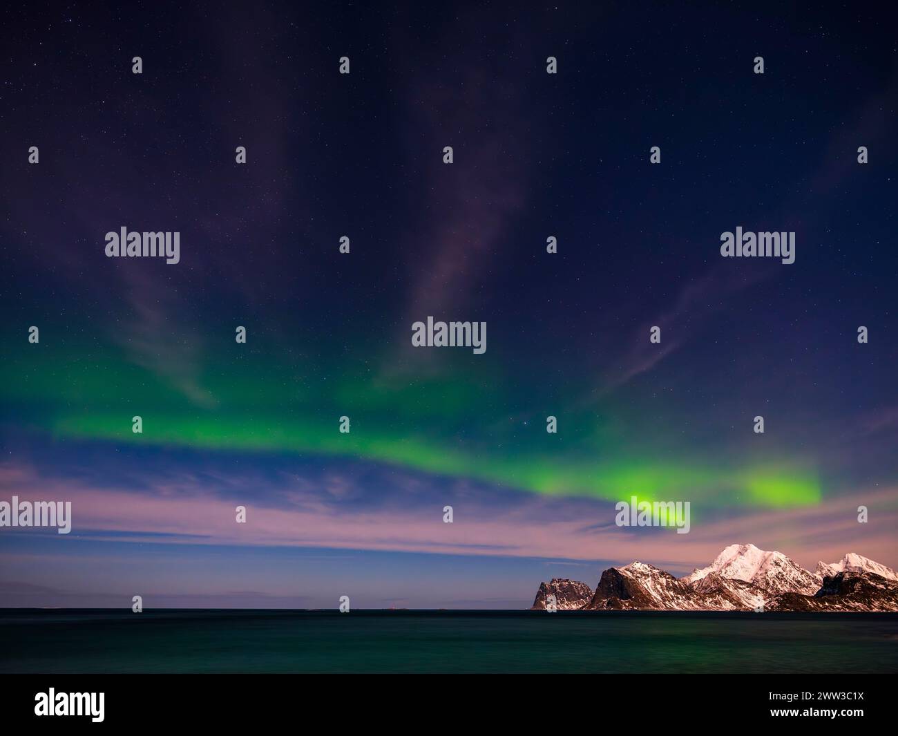 Nordlichter, aurora borealis, über schneebedeckten Bergen am Sternenhimmel, Lofoten, Norwegen Stockfoto