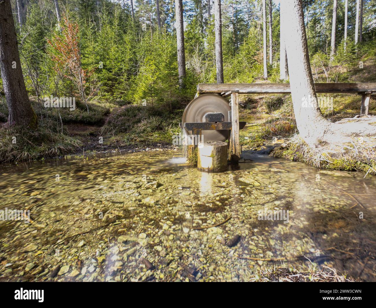 Laming mündet in den Kreuzteich, kleines Mühlenrad, bei Tragoess, Steiermark, Österreich Stockfoto