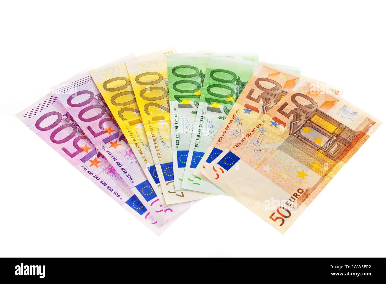 Verschiedene Banknoten der Europäischen Union, Euro-Währung, Euro, Freisteller Stockfoto