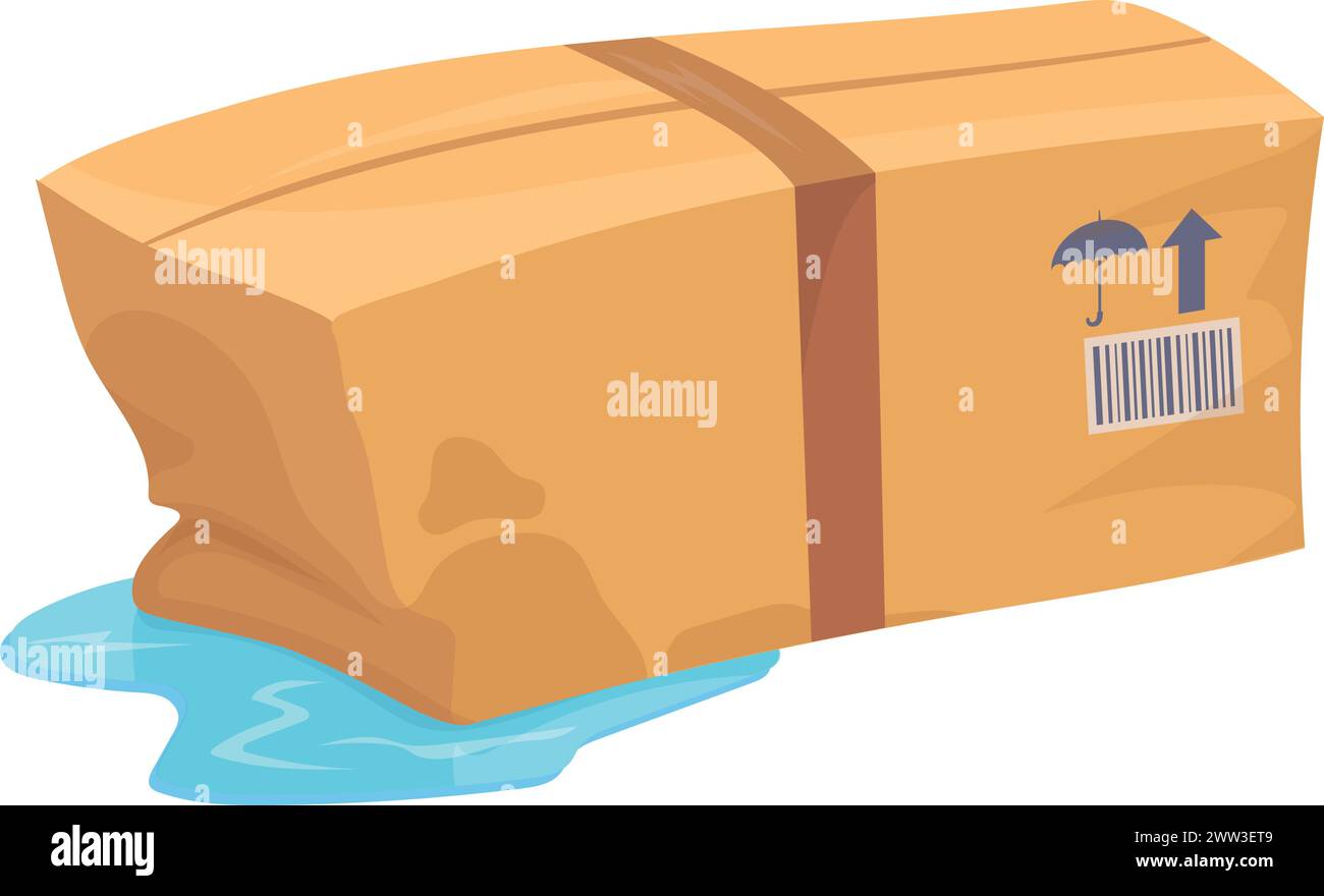 Feuchte Pappschachtel. Beschädigtes Paket. Versandfehler isoliert auf weißem Hintergrund Stock Vektor