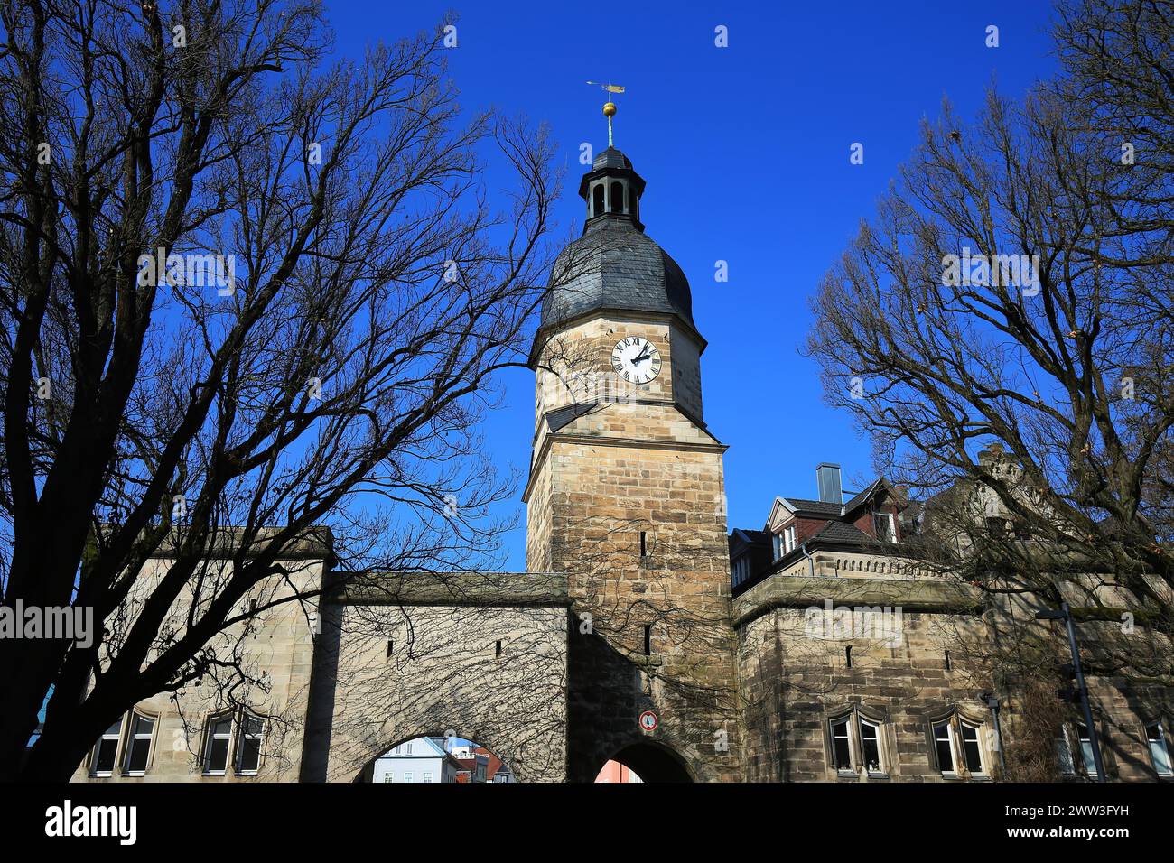 Die historische Altstadt von Coburg mit Blick auf die Stadtkirche St. Moriz. Coburg, Oberfranken, Bayern, Deutschland Stockfoto