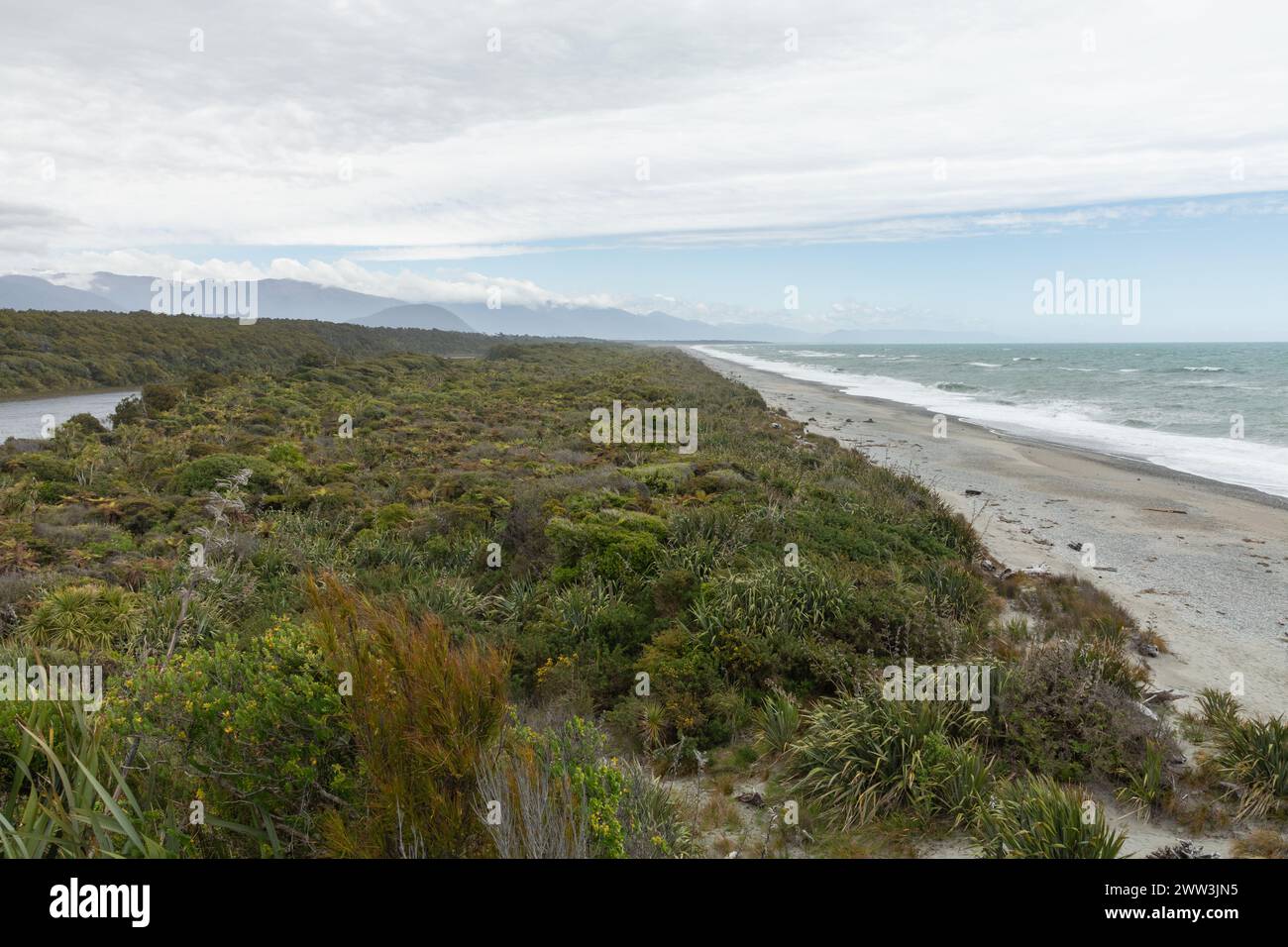 Ein Binnensee (links) ist von der Tasmanischen See durch eine antike Düne auf der Küstenebene von Haast im Westland-Distrikt der Südinsel getrennt. Stockfoto