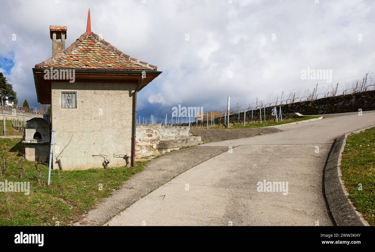 Steiler Pfad und historisches kleines Haus mit quadratischem Grundriss, rotem Dach und Kamin auf der UNESCO-Weltkulturerbestätte der Lavaux Weingärten Stockfoto