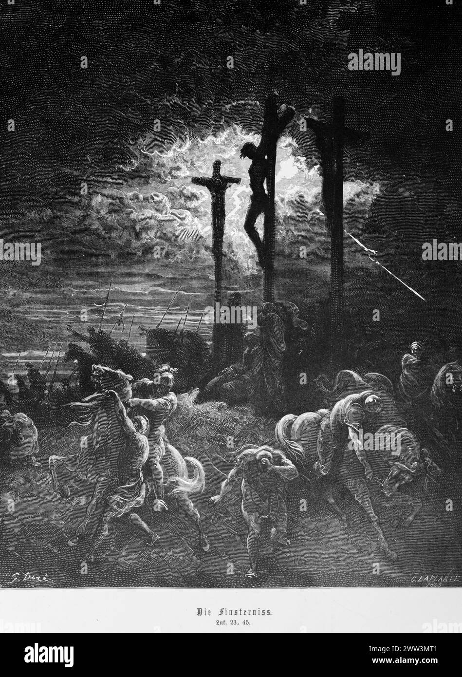 Die Dunkelheit, Lukas-Evangelium, Kapitel 23, Kreuzigung Jesu, Sterben, Tod, Trauer, Dunkelheit, Blitz, Reiter, flieht, rennt, beeilt euch, Golgotha, Neu Stockfoto