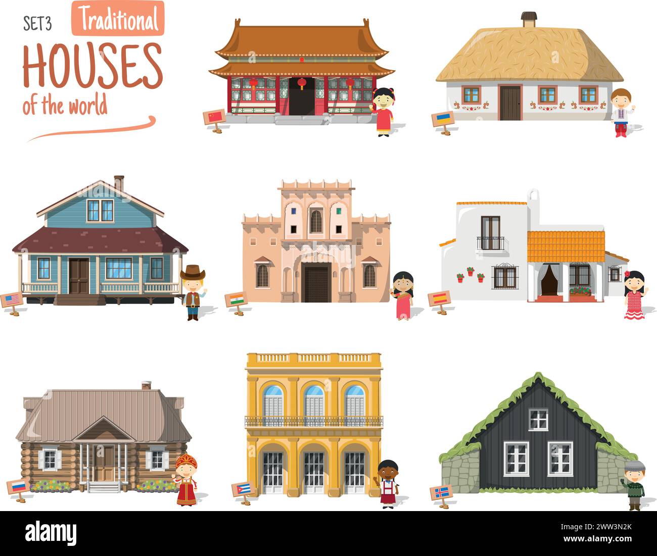 Vektor-Illustration Set 3 von traditionellen Häusern der Welt im Zeichentrickstil isoliert auf weißem Hintergrund Stock Vektor