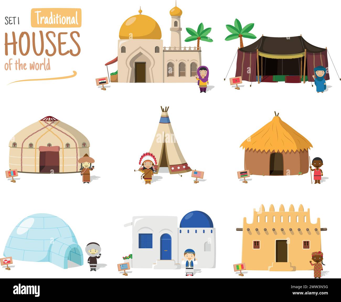 Vektor-Illustration Set 1 von traditionellen Häusern der Welt im Zeichentrickstil isoliert auf weißem Hintergrund Stock Vektor