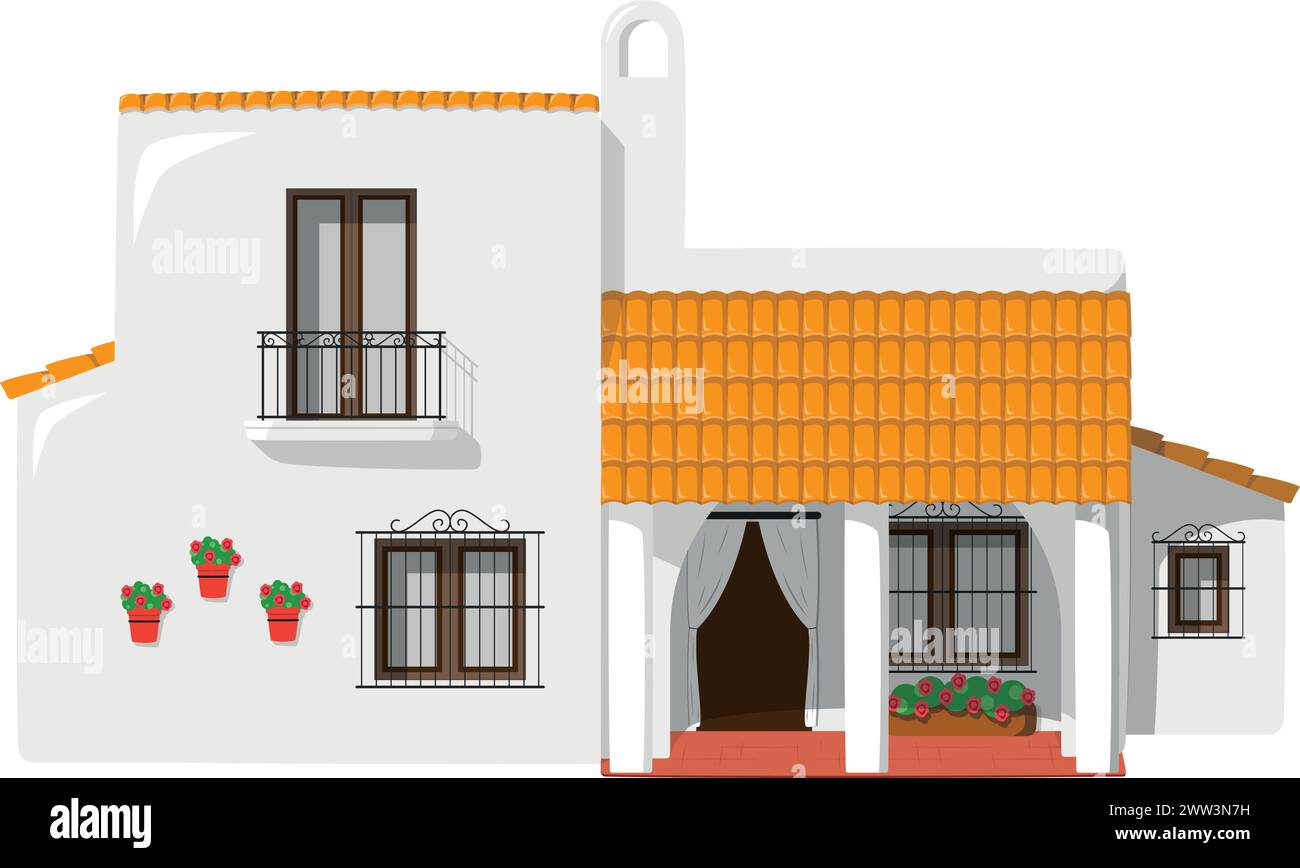 Vektor-Illustration eines traditionellen spanischen andalusischen Bauernhauses im Zeichentrickstil isoliert auf weißem Hintergrund. Traditionelle Häuser der World Series Stock Vektor