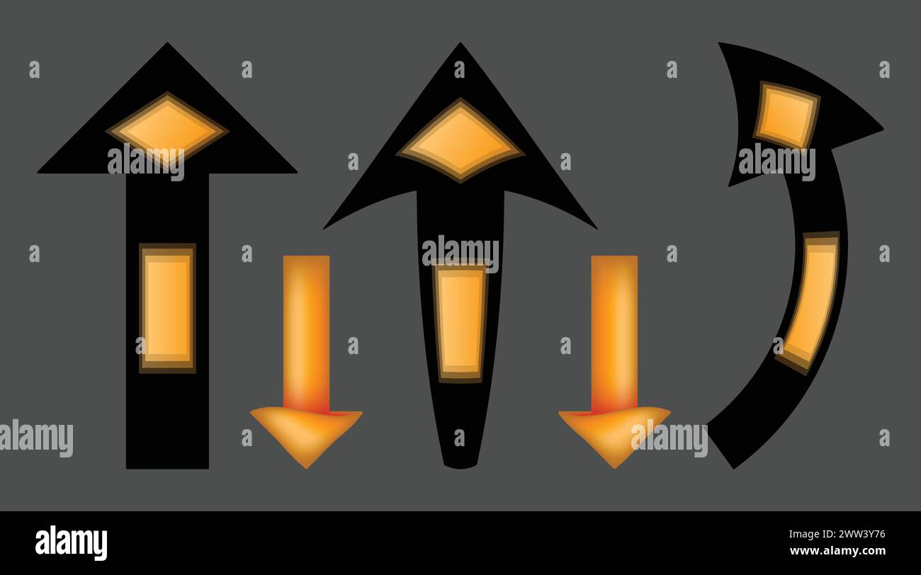 Pfeilsatz. Ungewöhnliche Pfeile unterschiedlicher Form. Pfeile mit geometrischen Formen innen Stock Vektor