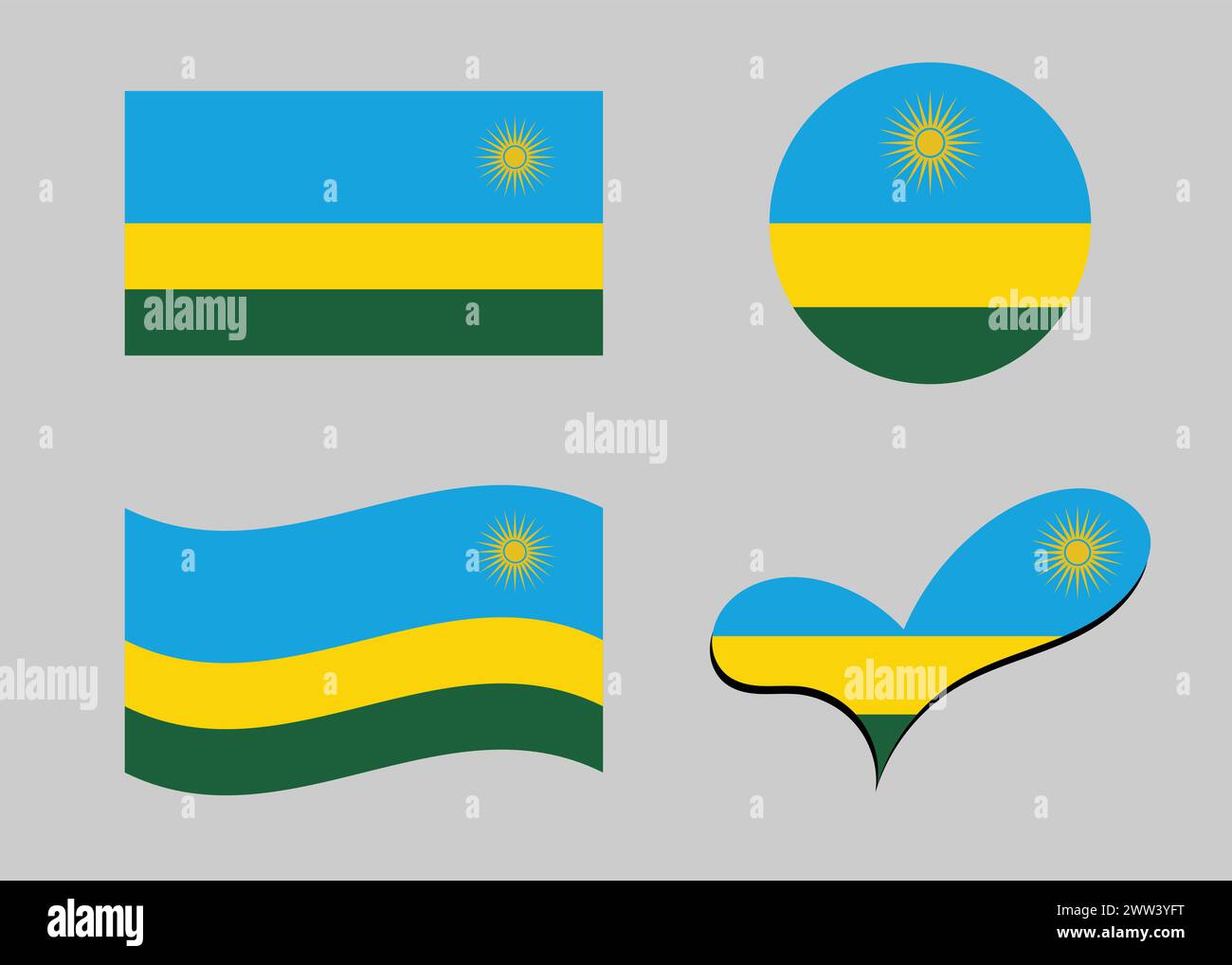 Flagge von Ruanda. Ruanda-Flagge in Herzform. Ruanda-Flagge in Kreisform. Varianten der Landesflagge. Stock Vektor