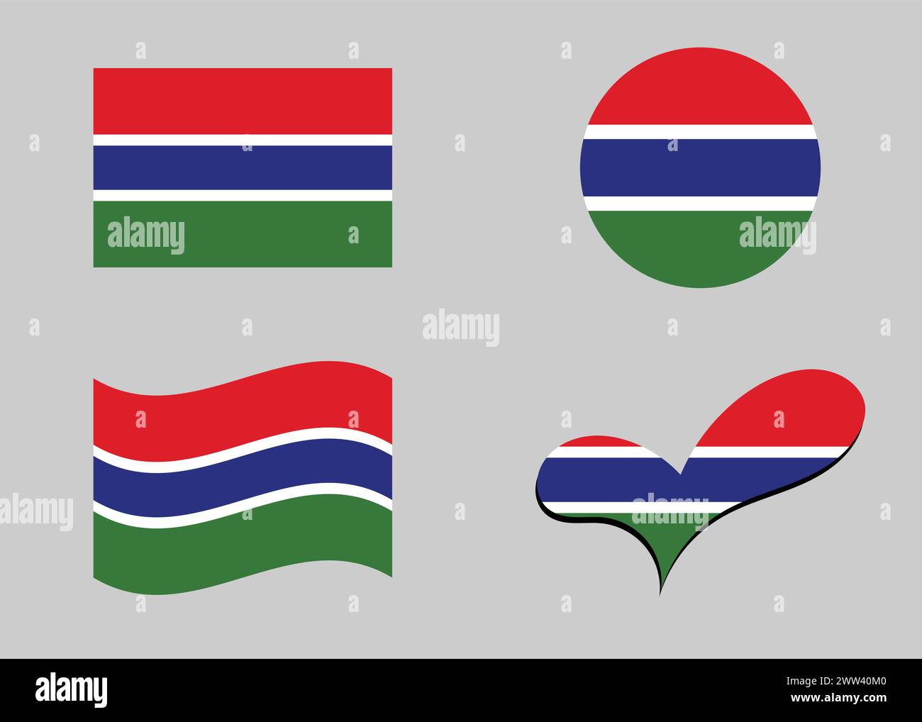 Flagge von Gambia. Flagge von Gambia in Herzform. Gambia-Flagge in Kreisform. Varianten der Landesflagge. Stock Vektor