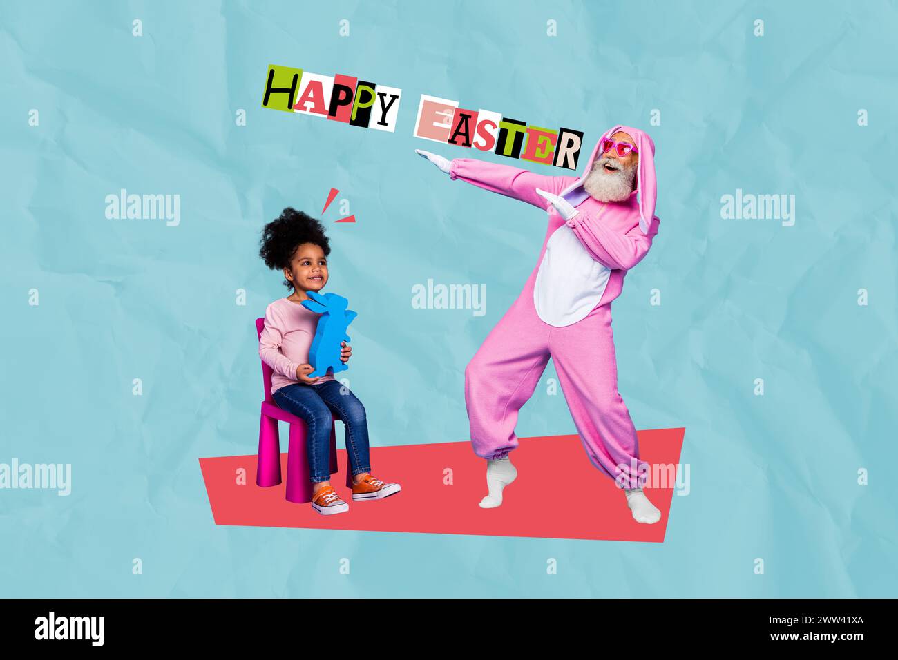 Collage 3D-Bild Retro-Skizze des süßen alten Mannes Kaninchen spielen Kind feiern ostereinladung Postkarte bizarr ungewöhnliche Fantasy-Plakatwand Stockfoto