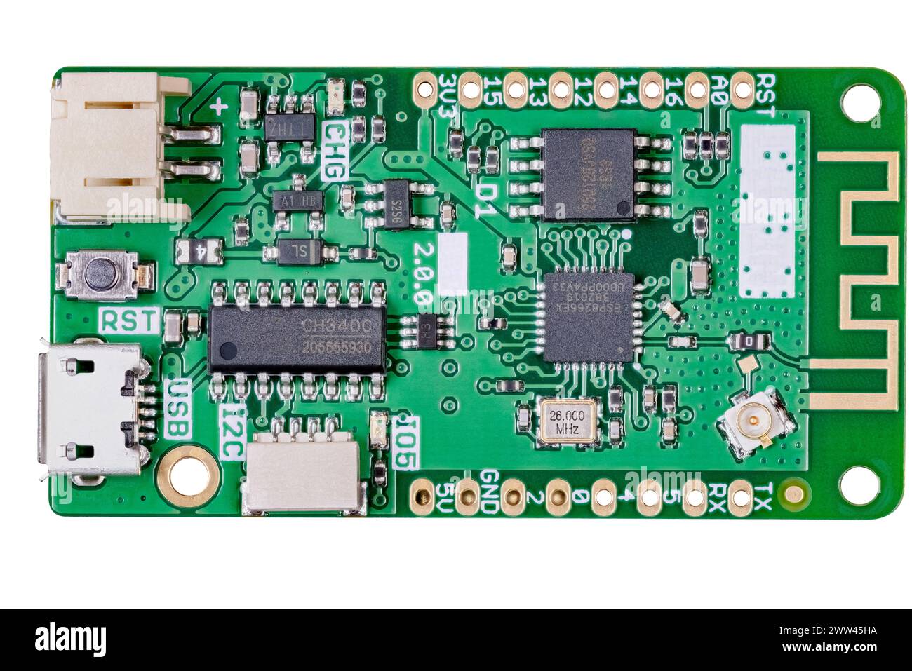 Mini Open Source Mikrocontroller Entwicklung, Prototyp-Board, isoliert auf weißem Hintergrund Stockfoto