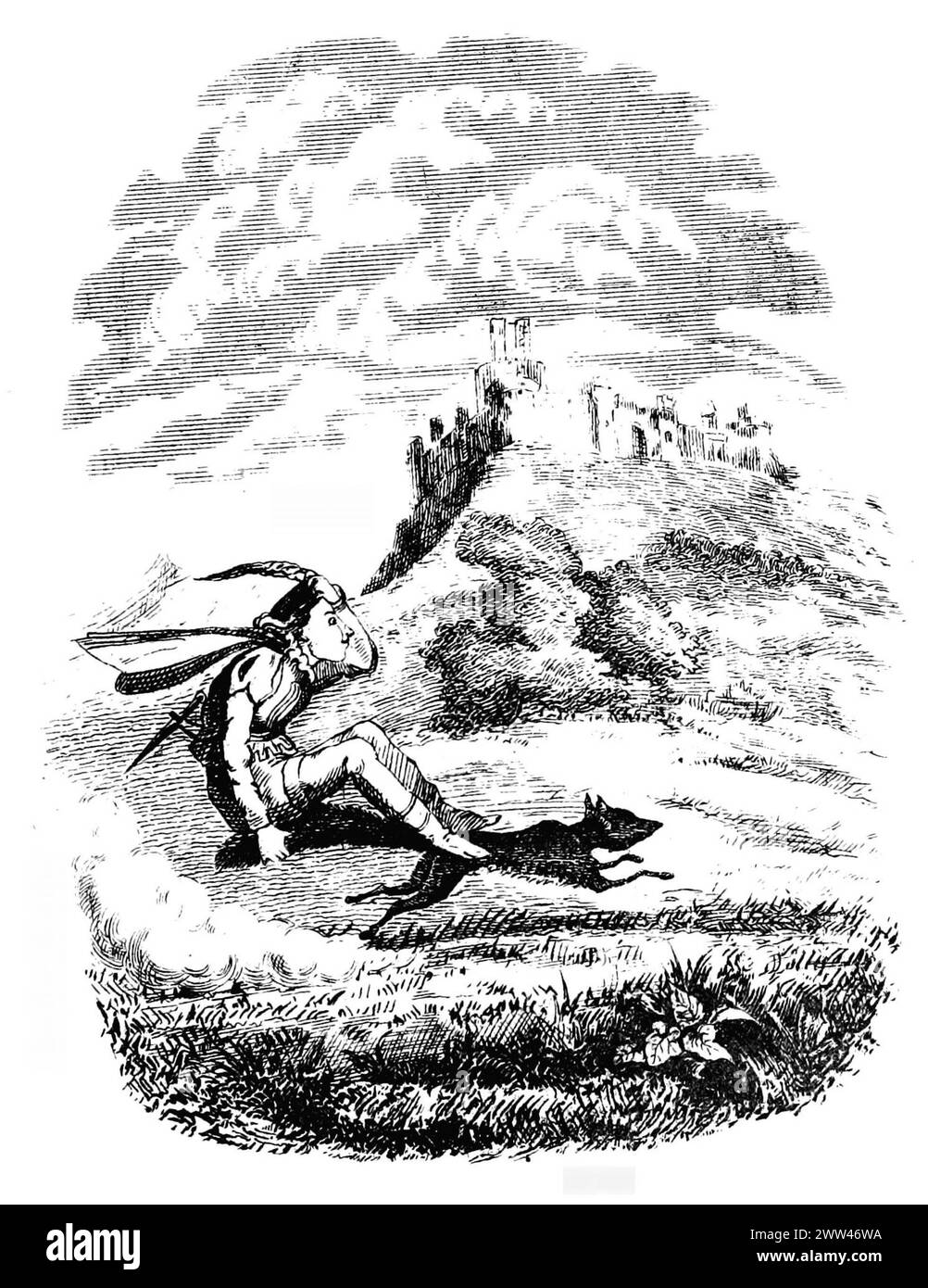 Der Prinz reitet auf dem Rücken des Fuchses. Illustration von George Cruikshank für Grimm's Goblins, von Edgar Taylor (1823). Stockfoto