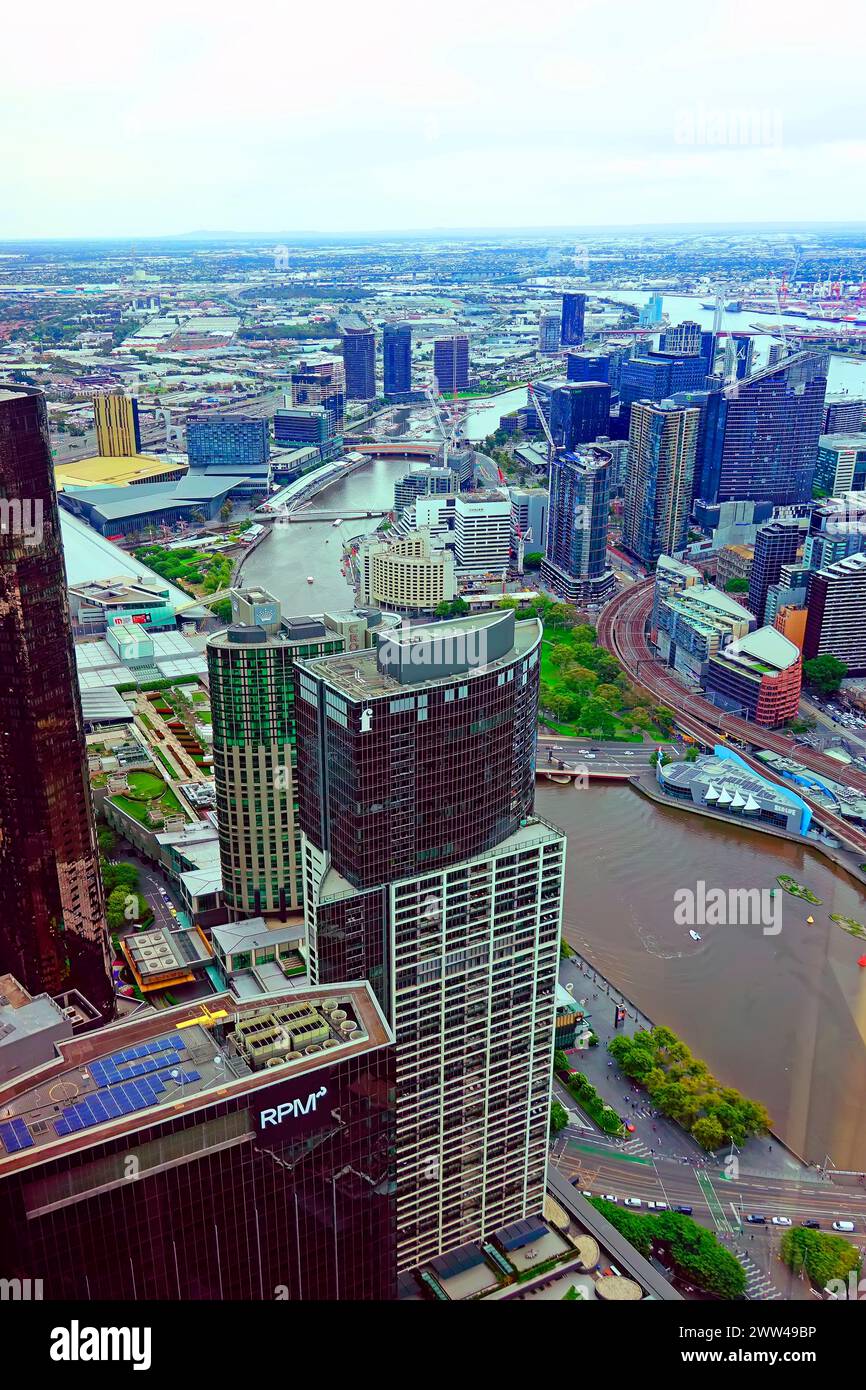 Melbourne Australien Skyline mit Yarra River Victoria Port Phillip Bay Indischer Ozean Stockfoto