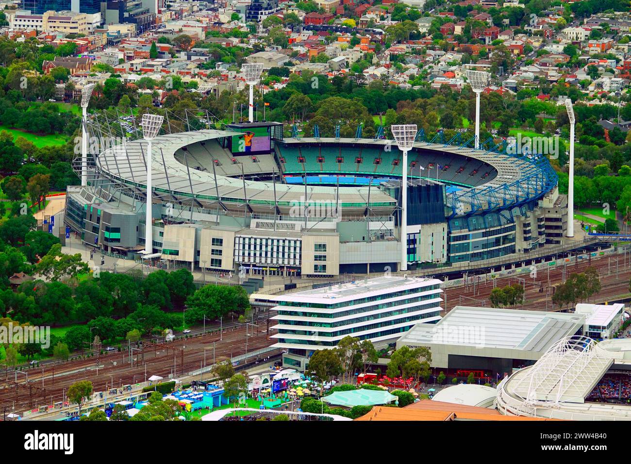 Rod Laver Arena und Melbourne Cricket Ground in Melbourne Australien Skyline Victoria Port Phillip Bay Indian Ocean Stockfoto