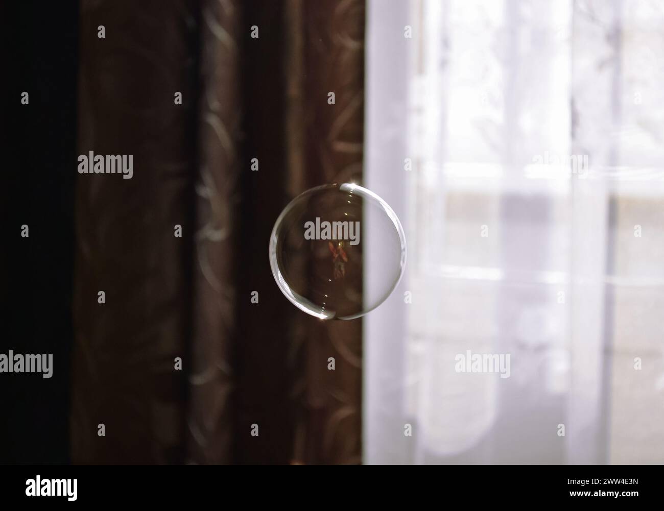 Perfekt runde transparente Seifenblase auf braunem und weißem Hintergrund Stockfoto