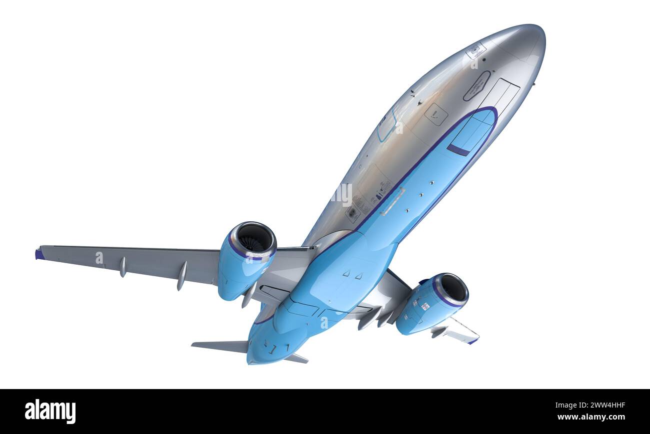 Realistisches 3D-Rendering eines kommerziellen Flugzeugs, das vor weißem Hintergrund startet Stockfoto