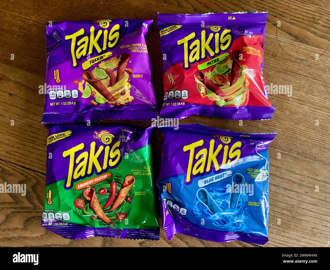 Verschiedene Geschmacksrichtungen amerikanischer takis-Chips Stockfoto