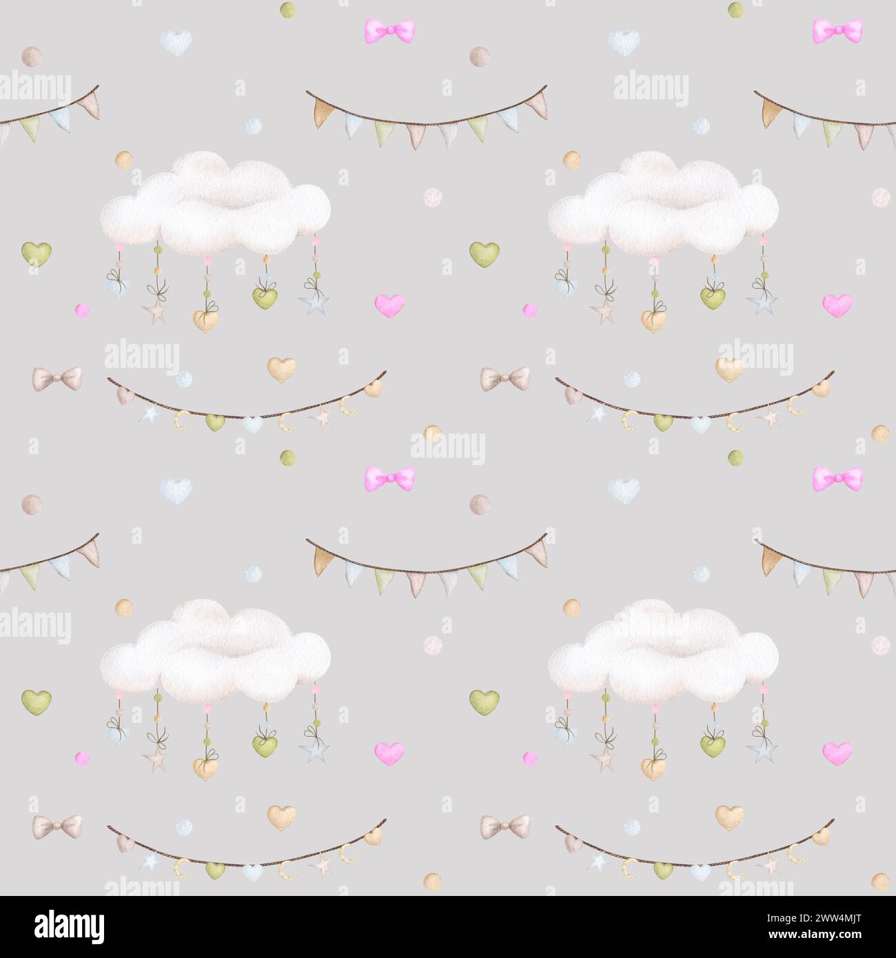 Nahtloses Muster für Kinderfeiertage auf grauem Hintergrund. Aquarellhintergrund in Pastellfarben. Kinderparty, Babyparty, Geburtstag. Design von W Stockfoto