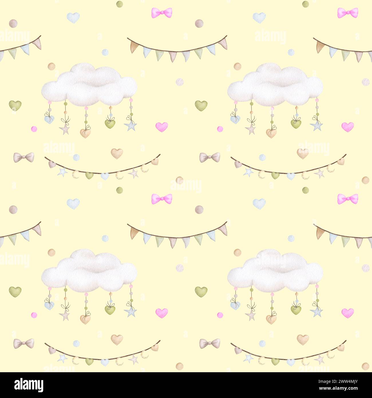 Nahtloses Muster für den Kinderurlaub auf gelbem Hintergrund. Aquarellhintergrund in Pastellfarben. Kinderparty, Babyparty, Geburtstag. Design von Stockfoto