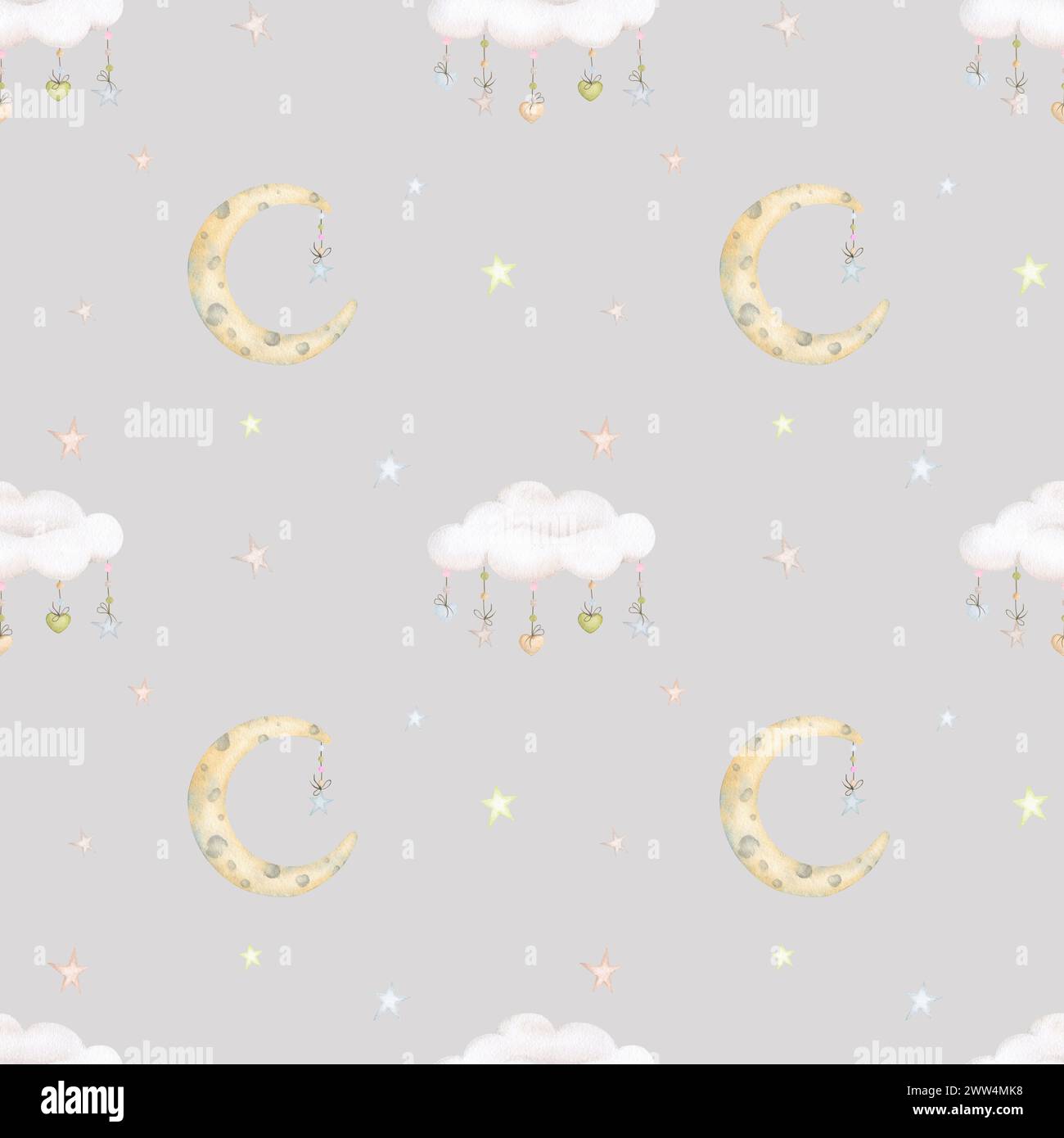 Nahtloses Muster für Kinderfeiertage auf grauem Hintergrund. Aquarellhintergrund in Pastellfarben. Kinderparty, Babyparty, Geburtstag. Design von W Stockfoto