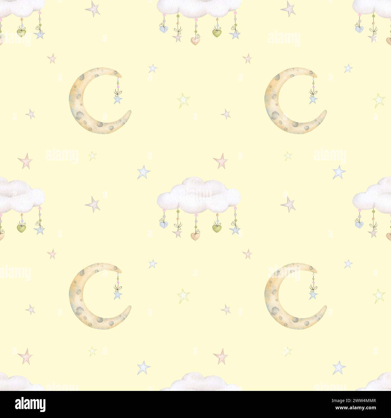 Nahtloses Muster für den Kinderurlaub auf gelbem Hintergrund. Aquarellhintergrund in Pastellfarben. Kinderparty, Babyparty, Geburtstag. Design von Stockfoto